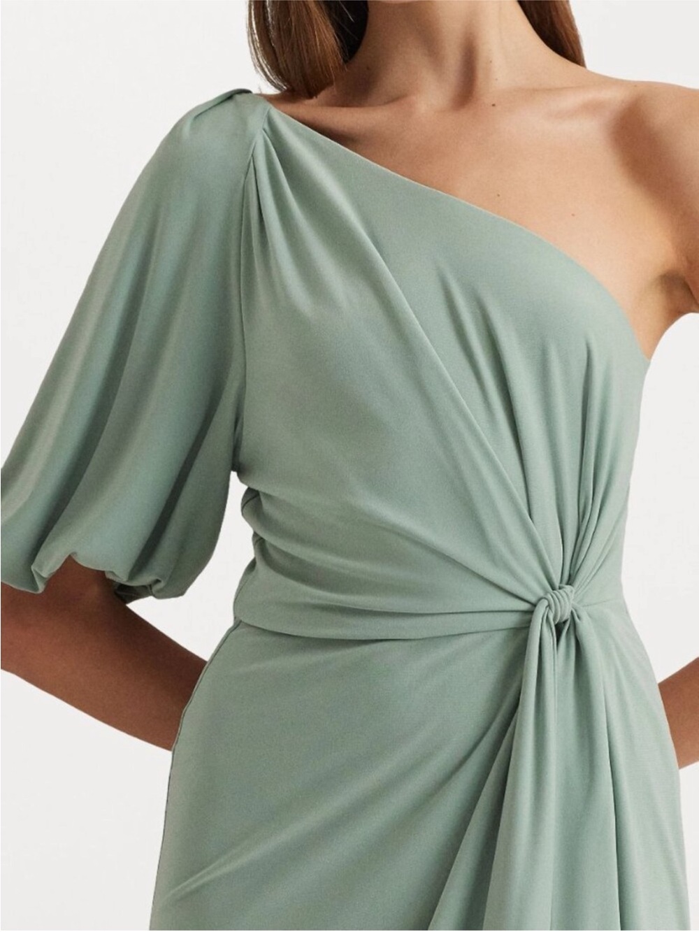 Ralph Lauren One-Shoulder Knot-Detail Midi Dress in Sage - Picture 3 of 6